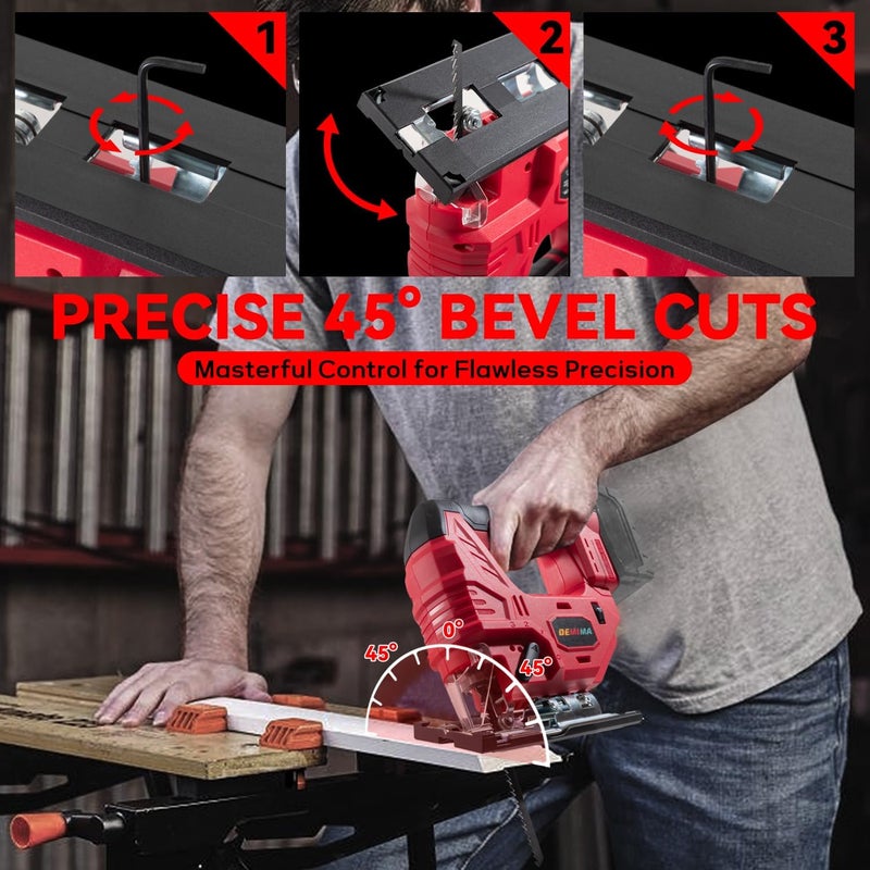DEMIMA Cordless Jig Saw for Milwaukee M18 Battery, 7 Speed Variable ​​Up to 3200RPM, LED Light, 45° Bevel Cuts, 3 Orbital Motions, with Jig Saw Blade for Straight/Curve/Circle Cutting(Battery Not Include) - Image 5